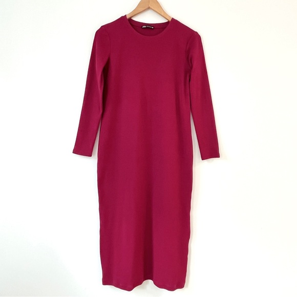 Zara Long Sleeves Ribbed Midi Dress Maroon Red Stretch Womens S - Picture 2 of 8